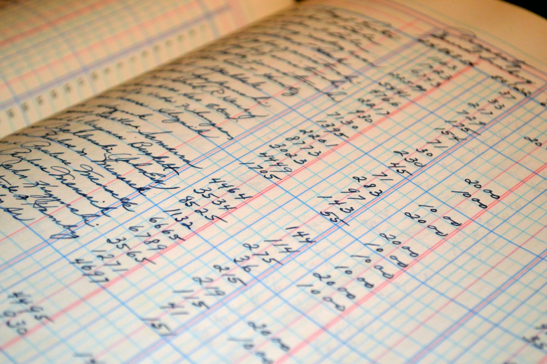 Power Query: podział danych na kolumny według wzorca i długości tekstu Zbliżenie starego ręcznie pisanego rejestru z zapisami finansowymi